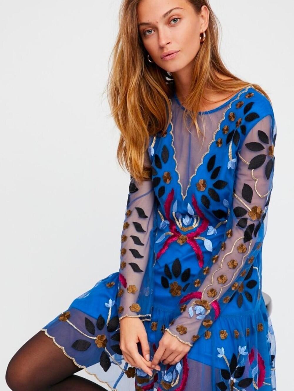 Free People Blue Embroidered Mesh Dress XS